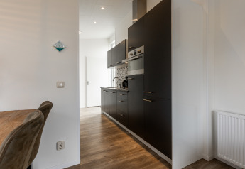 Moderne keuken in Biebosch - tuinhuis op Resort Mooi Bemelen, Nederland, met donkere kasten en houten vloer.