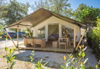 Tenda safari Comfort con aria condizionata, veranda con arredi in legno su campeggio soleggiato.