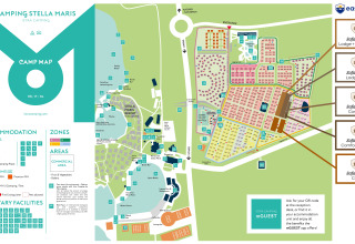Mapa de Camping Stella Maris con ubicaciones de tiendas safari, zonas sanitarias y áreas comerciales.