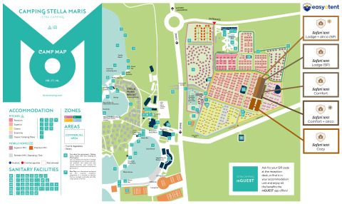Mapa de Camping Stella Maris con ubicaciones de tiendas safari, zonas sanitarias y áreas comerciales.