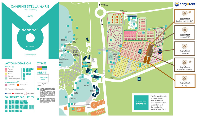Mapa de Camping Stella Maris con ubicaciones de tiendas safari, zonas sanitarias y áreas comerciales.