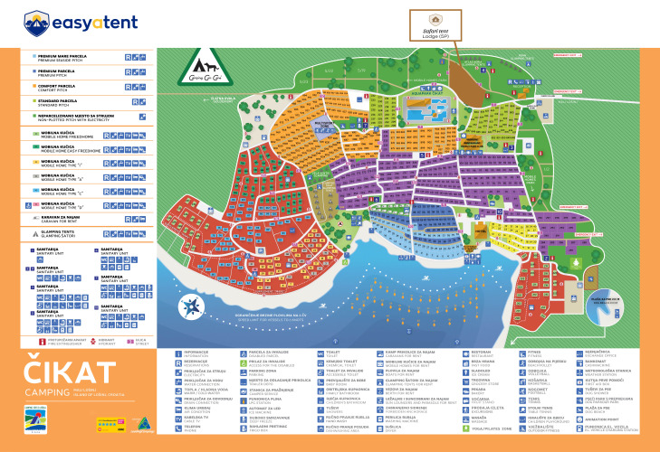 Mapa del Camping Cikat en Croacia, mostrando la ubicación de Safari Tent Lodge y áreas para acampar.