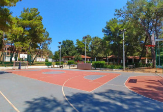Campo sportivo all'aperto al Camping Stella Maris, un villaggio turistico in Istria, Croazia, tra alberi e bungalow.