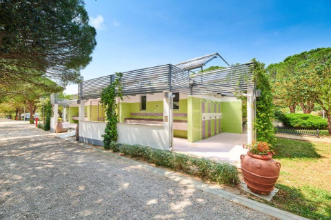 Modern camping sanitary facilities surrounded by greenery at Camping Stella Maris in Istria, Croatia.