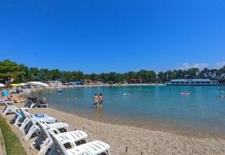 Solrige strandstole og badende gæster ved Camping Stella Maris-ferieparken i Istrien, Kroatien, under blå himmel.