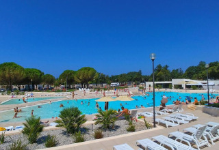 Udendørs swimmingpool ved Camping Stella Maris i Istrien, Kroatien, på en solrig dag med gæster.