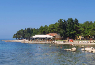 Camping Stella Maris i Istrien, Kroatien, med strandpromenade, svømmere og grønne træer under blå himmel.