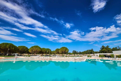Large swimming pool with lounge chairs and surrounding trees at Camping Stella Maris holiday park in Istria.