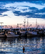 Barcos de pesca atracados en el puerto al atardecer cerca de Umag, Istria, Croacia, bajo un cielo espectacular.