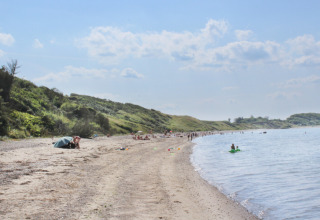 Strand ved Toftum Bjerge Camping i Midtjylland, Danmark, med gæster på sandet og i vandet.