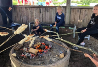 Børn rister brød på pinde over bål på Toftum Bjerge Camping i Danmark under overdækket område.