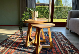 Zonnige salontafels en vloerkleed in woonkamer met tuinzicht in Cozy Lodge, Bungalowpark Het Verscholen Dorp.