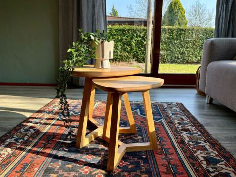 Tavolini e tappeto soleggiati in soggiorno con vista sul giardino al Cozy Lodge, Bungalowpark Het Verscholen Dorp.