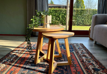 Solbelyste sofaborde og tæppe i stue med udsigt til have på Cozy Lodge, Bungalowpark Het Verscholen Dorp.