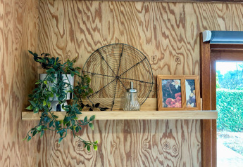 Estante en Cozy Lodge de Bungalowpark Het Verscholen Dorp con planta, cuadros y decoración variada.