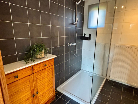 Badkamer met douche, zwarte tegels en houten kast bij Cozy Lodge in Bungalowpark Het Verscholen Dorp, Nederland.