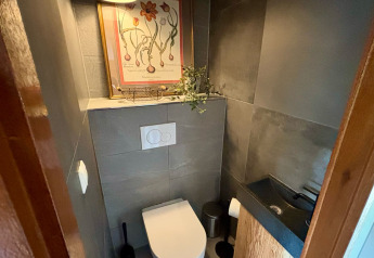 Moderne og kompakt badeværelse med toilet, håndvask, dekorationsbillede og plante på hylde.
