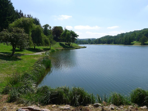 Lago tranquillo circondato da erba verde e alberi a Camping Le Château, Auvergne-Rhône-Alpes, Francia.