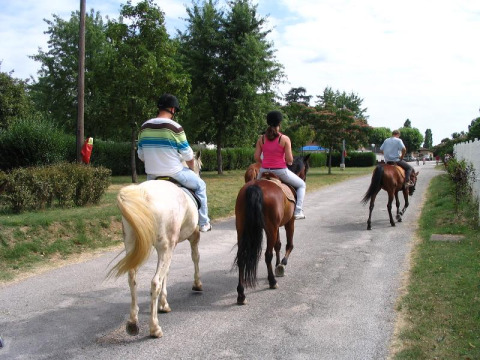Turisti a cavallo su un sentiero nel Camping Le Château, Auvergne-Rhône-Alpes, Francia, immersi nel verde.