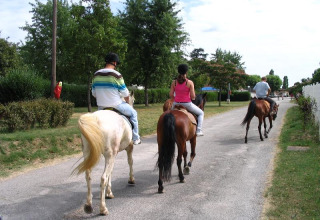Urlauber reiten auf Pferden im Camping Le Château, Auvergne-Rhône-Alpes, Frankreich, entlang eines Weges.