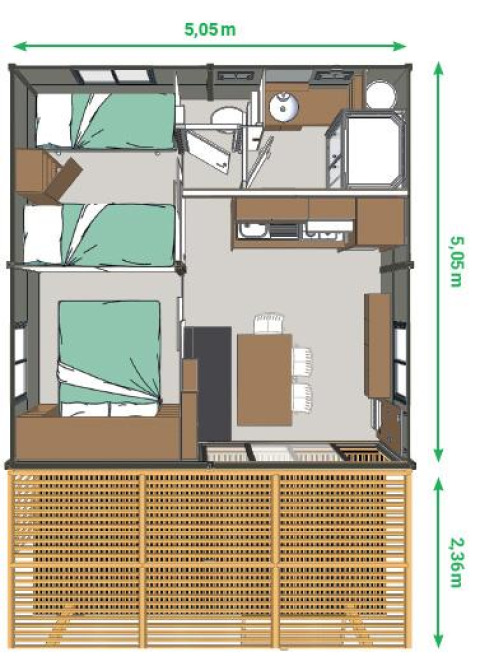 Plantegning af Cottage Morea lodge på Camping Le Château med mål, to soveværelser, køkken og terrasse.