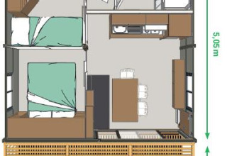 Plattegrond van Cottage Morea bij Camping Le Château, Frankrijk, met twee slaapkamers, keuken en terras.
