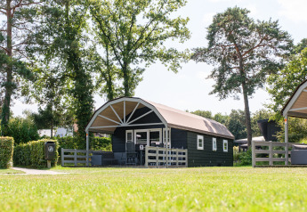 En hyggelig Vechtdallodge på Kampeerdorp de Zandstuve, omgivet af grønne træer og græsplæner i Holland.