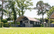 Gemütliche Vechtdallodge im Kampeerdorp de Zandstuve, umgeben von grünen Bäumen und Rasen in den Niederlanden.
