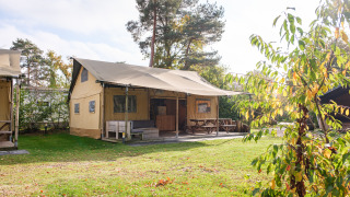 Tienda safari Verandalodge con porche cubierto, bancos y césped verde rodeado de árboles bajo el sol.