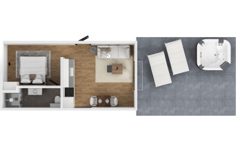 Grundriss der Forest Cabin im Holiday Park BreeBronne, Niederlande, mit Schlafzimmer, Wohnzimmer und Terrasse.