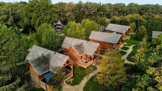 Luchtfoto van sfeervolle houten lodges met jacuzzi bij Sandberghe, omgeven door bomen, Nederland.