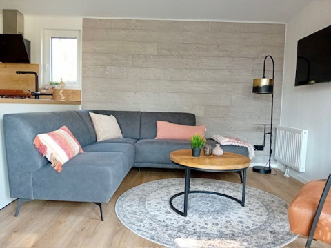 Sala moderna en Forest Lodge De Mooie Plek, Bospark Markelo, Países Bajos, con sofá gris y decoración.
