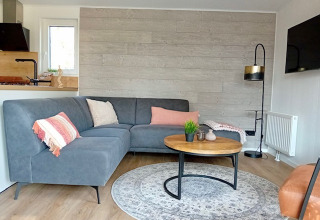 Soggiorno moderno alla Forest Lodge De Mooie Plek, Bospark Markelo, Paesi Bassi, con divano grigio.