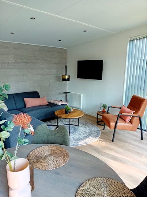 Modernes Wohnzimmer in der Forest Lodge De Mooie Plek, Bospark Markelo, mit Sofa, TV und warmen Farben.