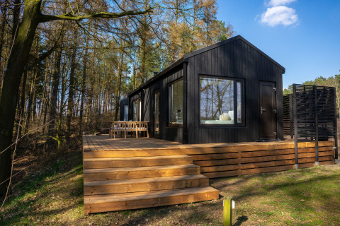 Koya Tiny Cabin en Wilsumer Berge, Alemania, cabaña negra moderna con terraza de madera rodeada de bosque.