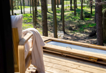 Uitzicht vanuit Koya Tiny Cabin in Wilsumer Berge, Duitsland, met twee wijnglazen op houten terras in het bos.