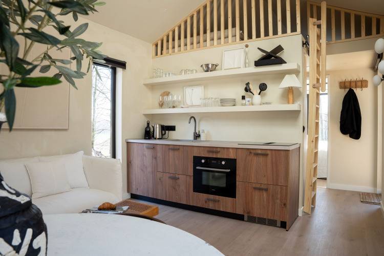 Modern compact kitchen in Koya Tiny Cabin at Wilsumer Berge, Germany, featuring wood accents and loft area.