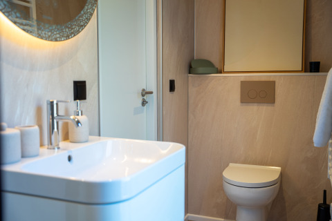 Baño moderno en la Koya Tiny Cabin de Wilsumer Berge, Alemania, con lavabo, inodoro y espejo.