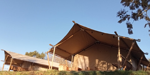 Tenda safari al Camping La Perle in Francia con struttura in legno e tetto in tessuto sotto il cielo azzurro.