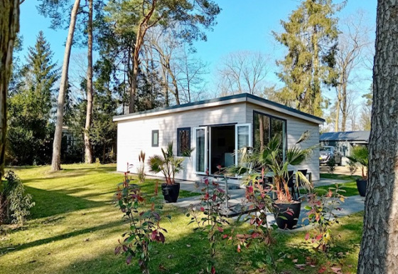 Forest Lodge De Mooie Plek ved Bospark Markelo i Holland, omgivet af træer og et grønt græsareal.