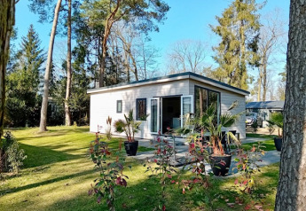 Forest Lodge De Mooie Plek au Bospark Markelo aux Pays-Bas, entouré d’arbres et d’herbe verte luxuriante.