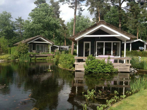 Dos pequeñas casas negras junto a un estanque en Lodge Meerkoet, Bospark Markelo, Países Bajos.