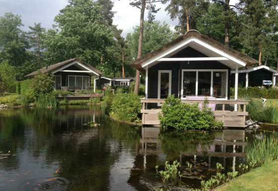 Dos pequeñas casas negras junto a un estanque en Lodge Meerkoet, Bospark Markelo, Países Bajos.