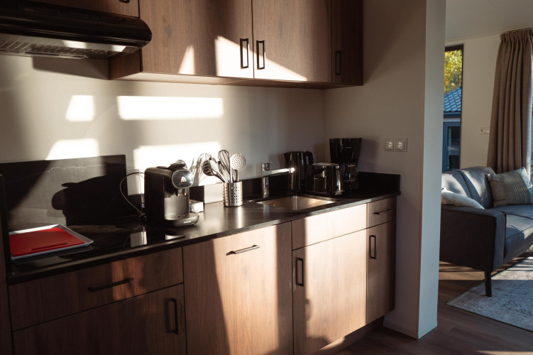 Modern lodge kitchenette with black countertops, wooden cabinets, utensils, and bright sunlight inside.