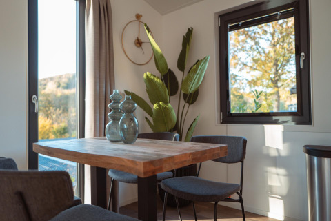 Salle à manger lumineuse d’un lodge avec grande fenêtre, table en bois, chaises modernes et plante verte.