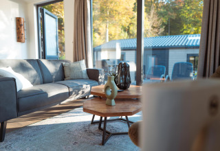 Gemütliches Wohnzimmer in einer Lodge mit grauem Sofa, Glastüren und Blick nach draußen auf Bäume.
