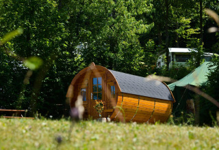 Cabaña de madera en forma de barril llamada Tractor cabin en Biggesee, Alemania, rodeada de vegetación.
