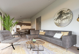 Moderne lodge woonkamer met grijze zetel, grote plant, ronde wanddecoratie en open keuken achteraan.