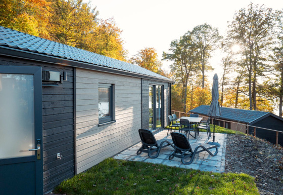 Patio with lounge chairs and dining set outside Hackfort lodge, surrounded by autumnal forest trees.