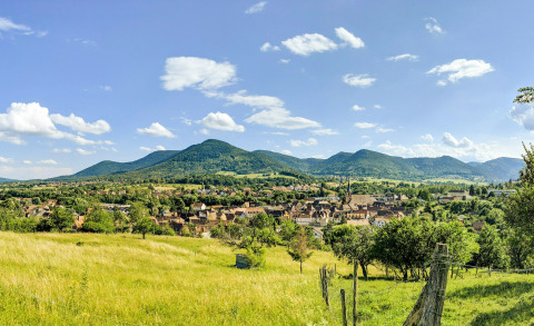 Panoramablick auf die Umgebung von Wasselonne in Grand Est, Frankreich, mit grünen Hügeln und Stadtansicht.